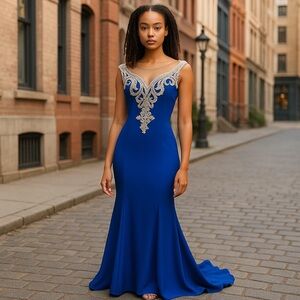 Eleganzz 2033 Size 4 Royal Blue Sleeveless Beaded Dress With Illusion Neck NWT